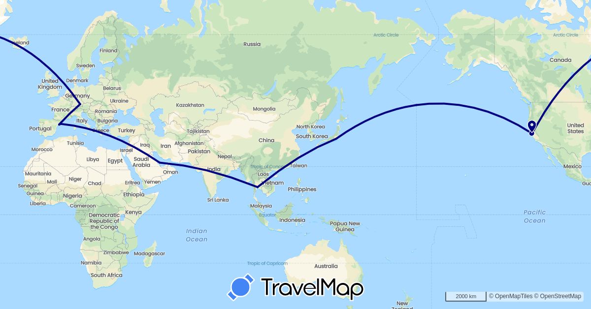 TravelMap itinerary: driving in Germany, Spain, Japan, Qatar, Thailand, United States (Asia, Europe, North America)